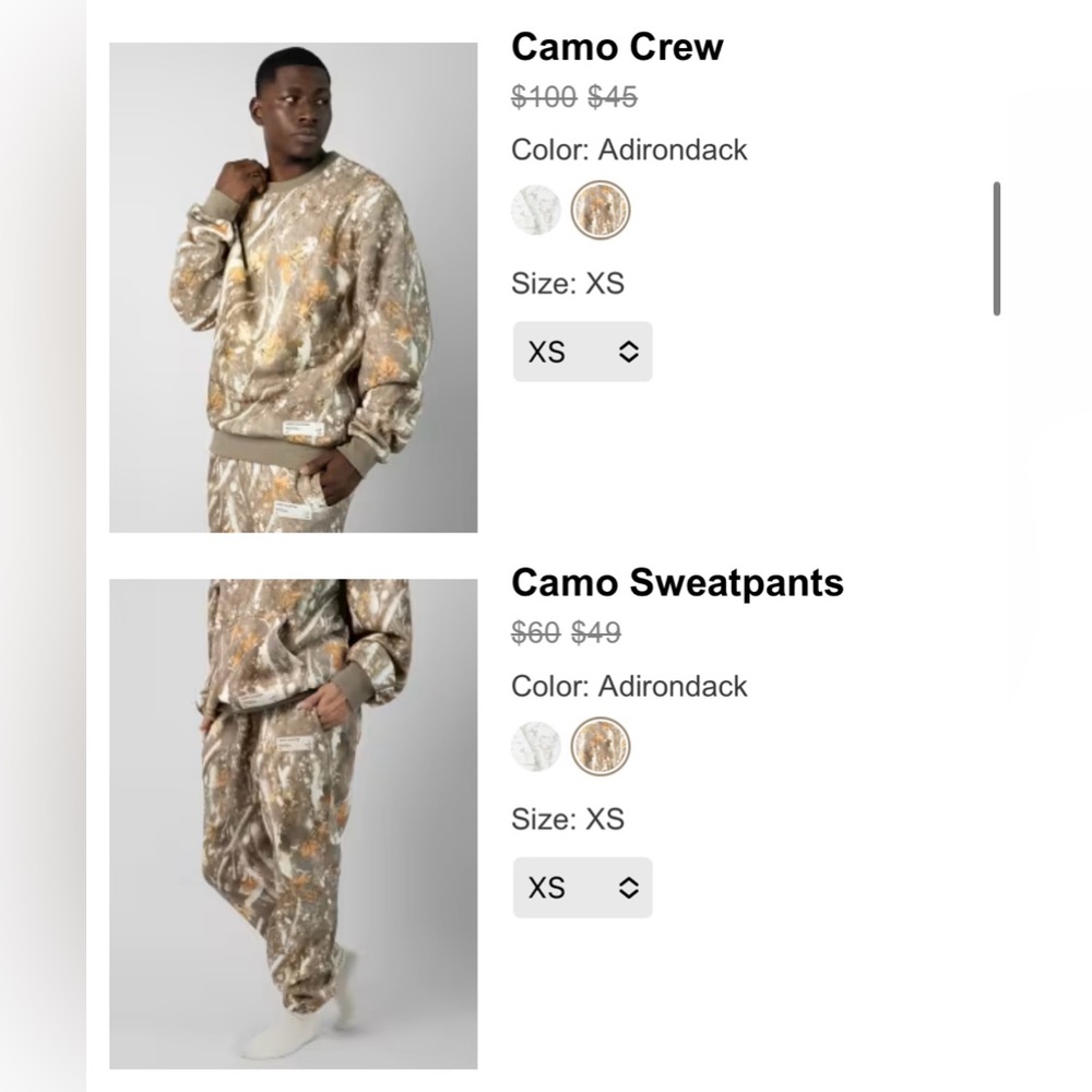 Comfrt sweatsuit XS crew neck top and pants CAMO